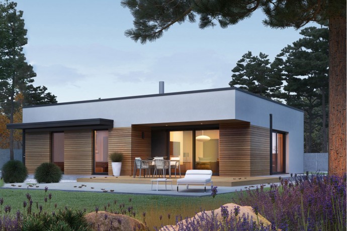 Maison en bois kit en ossature bois "MINI 1 MODERN" 100 m² 3 chambres, plain-pied, toit plat / Auto-construction RE2020