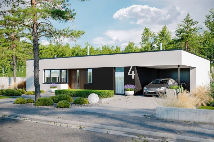 Maison ossature bois kit "MINI 4 MODERN" 125 m² + garage + auvent / Plain-pied, toit plat / Auto-construction